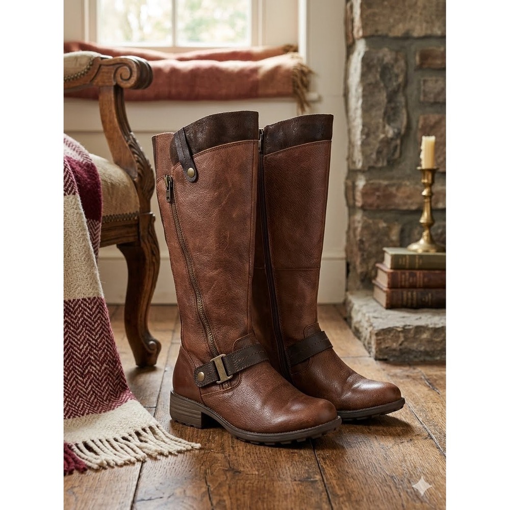 Earth Origins Brown Leather Knee High Riding Boots Buckle Low Heel 6.5 Wide